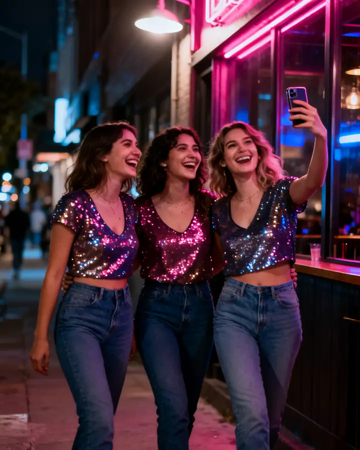 Three friends filming content together at night