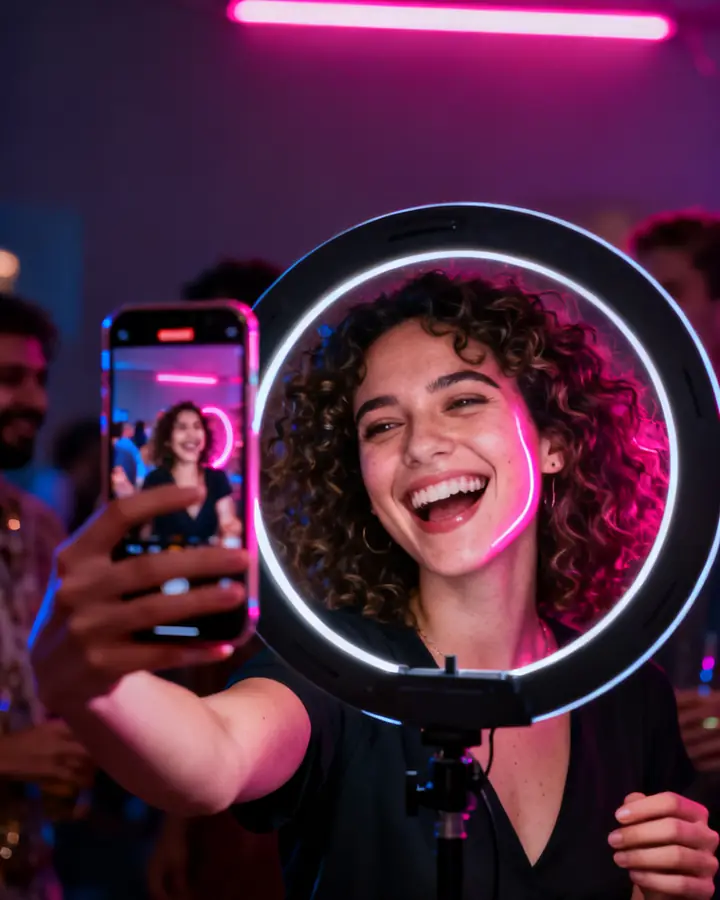 Woman going live on her phone at a party
