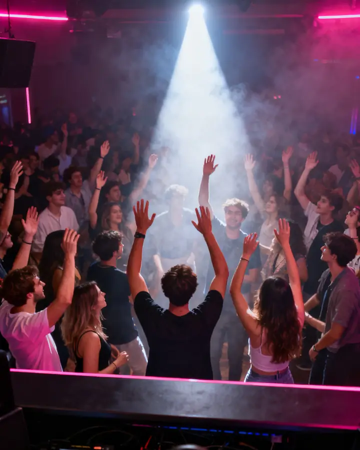 Crowd dancing in a nightclub with pink and purple lights